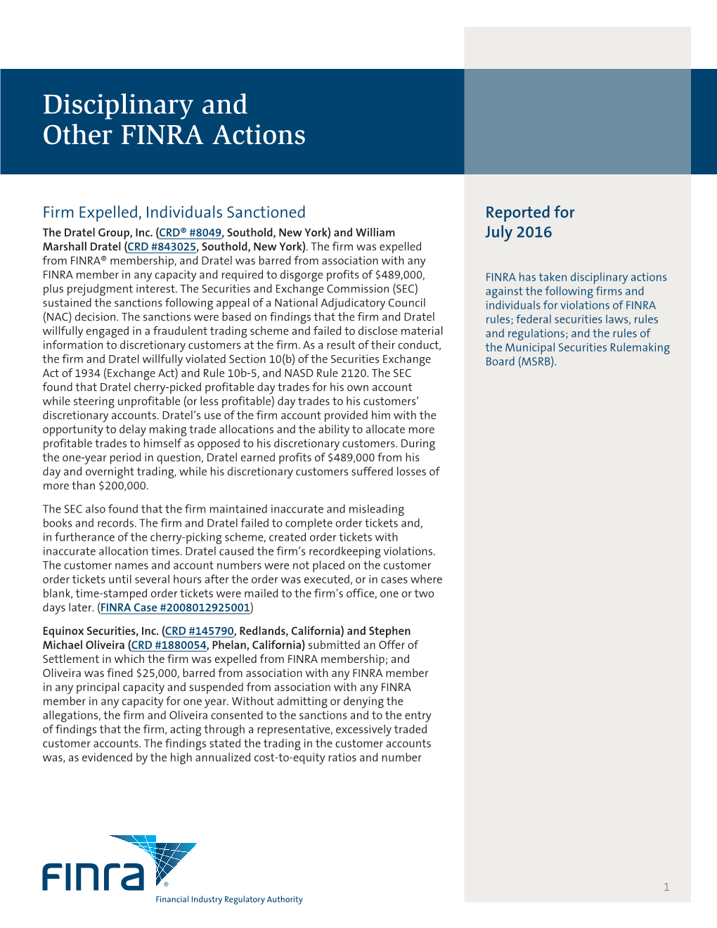 Disciplinary and Other FINRA Actions