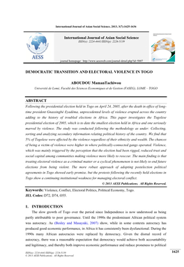 DEMOCRATIC TRANSITION and ELECTORAL VIOLENCE in TOGO ABOUDOU Mamantachiwou ABSTRACT 1. INTRODUCTION International Journal Of