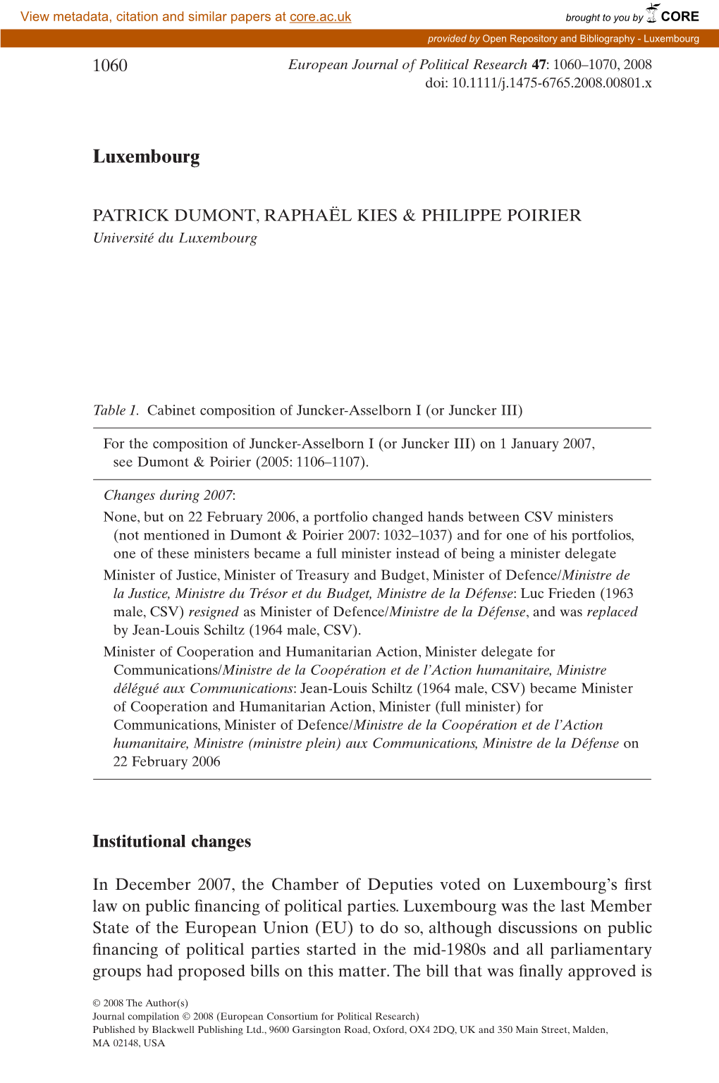 Luxembourg 1060 European Journal of Political Research 47: 1060–1070, 2008 Doi: 10.1111/J.1475-6765.2008.00801.X