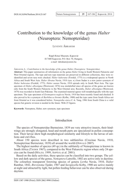 Contribution to the Knowledge of the Genus Halter (Neuroptera: Nemopteridae)