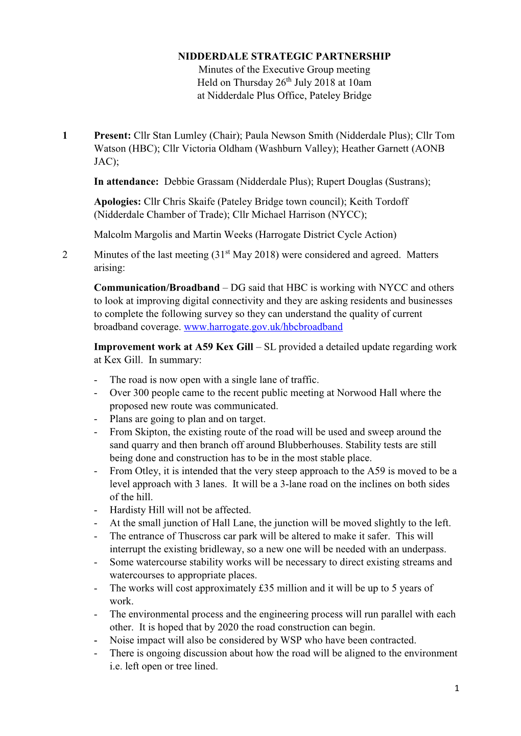 NIDDERDALE STRATEGIC PARTNERSHIP Minutes of the Executive Group Meeting Held on Thursday 26Th July 2018 at 10Am at Nidderdale Plus Office, Pateley Bridge