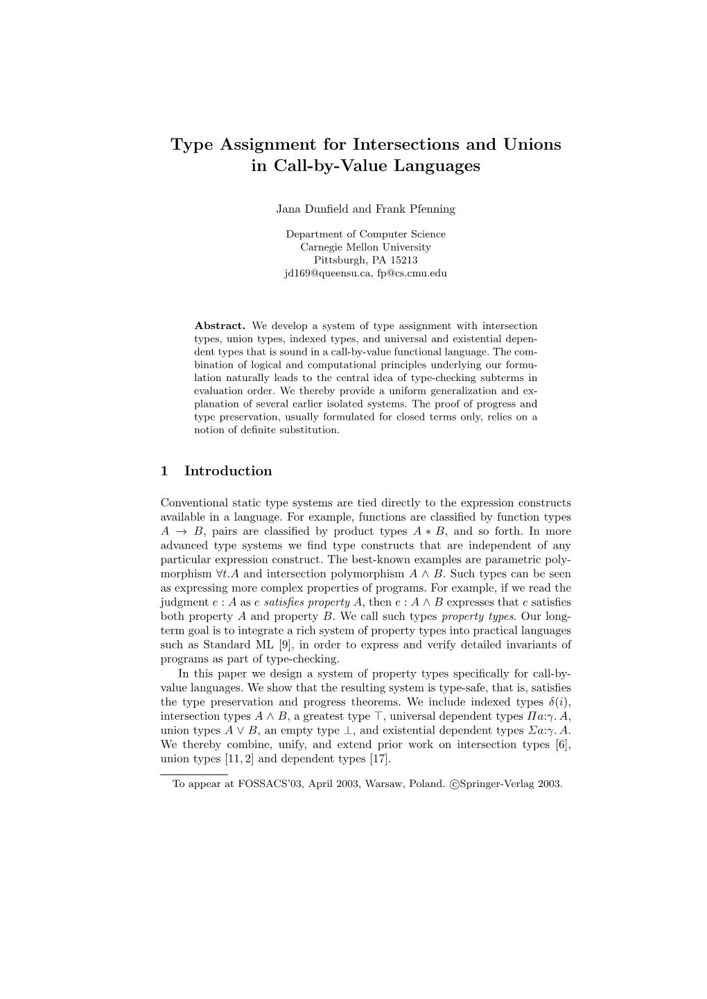 Type Assignment for Intersections and Unions in Call-By-Value Languages