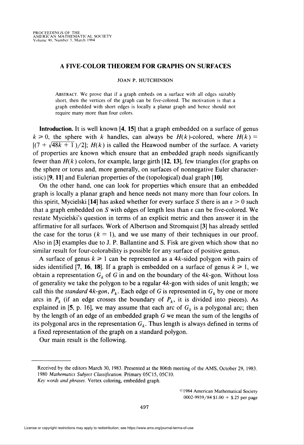 A Five-Color Theorem for Graphs on Surfaces 499