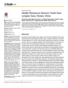 Middle Pleistocene Hominin Teeth from Longtan Cave, Hexian, China