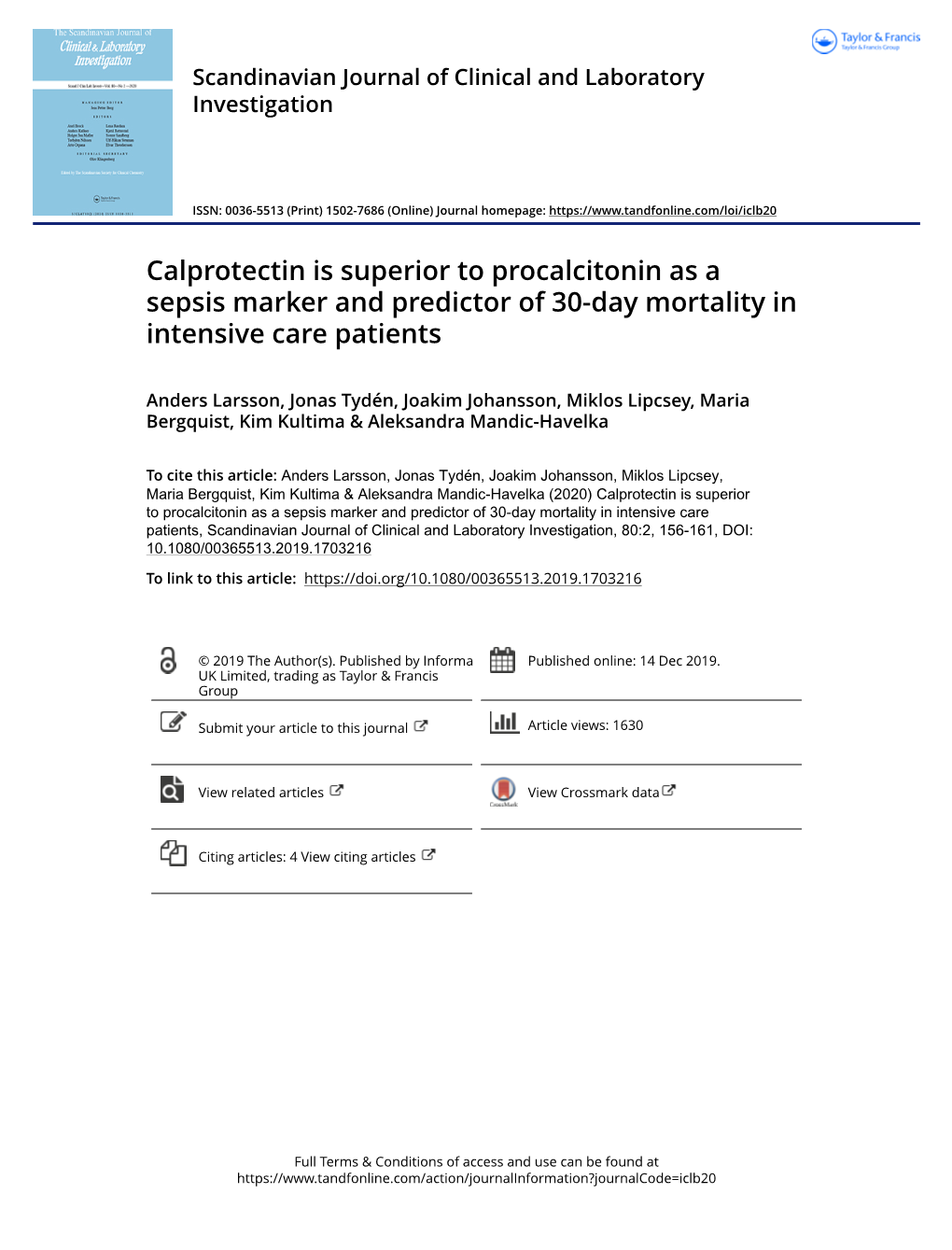 Calprotectin Is Superior to Procalcitonin As a Sepsis Marker and Predictor of 30-Day Mortality in Intensive Care Patients