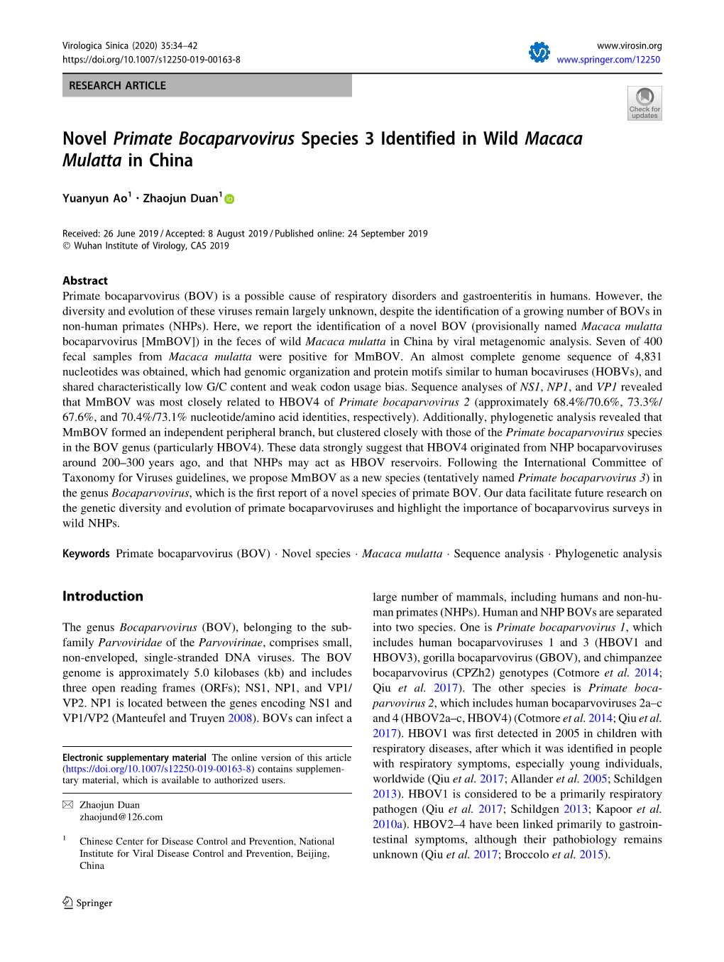 Novel Primate Bocaparvovirus Species 3 Identified in Wild Macaca Mulatta in China