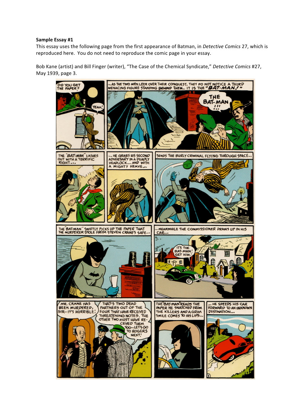 Sample Essay #1 This Essay Uses the Following Page from the First Appearance of Batman, in Detective Comics 27, Which Is Reproduced Here