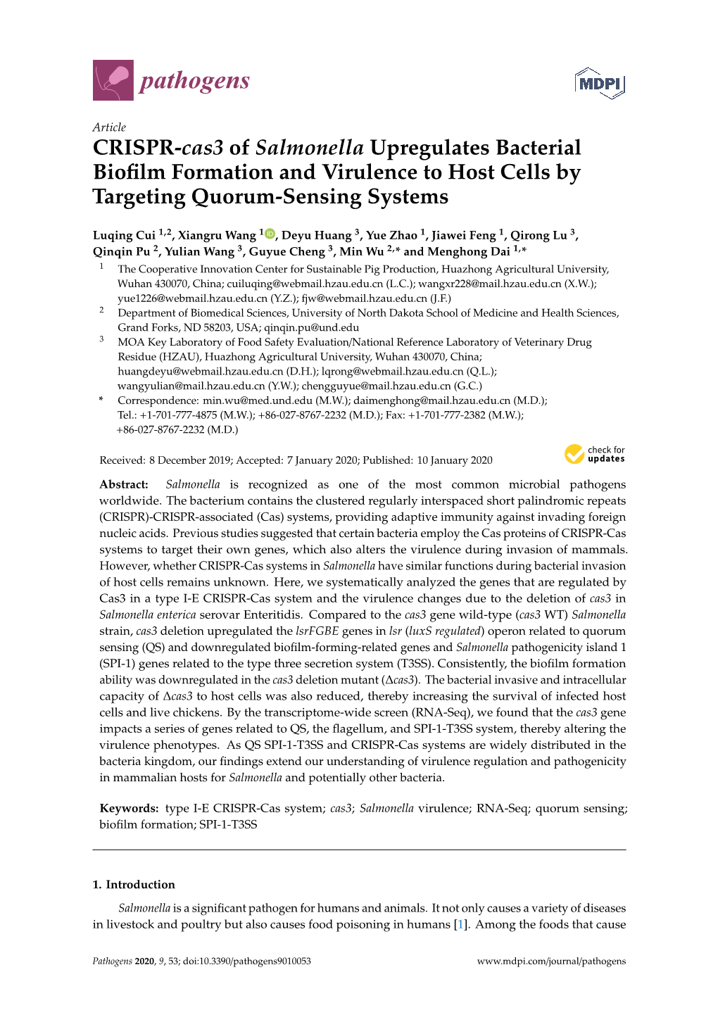 CRISPR-Cas3 of Salmonella Upregulates Bacterial Biofilm