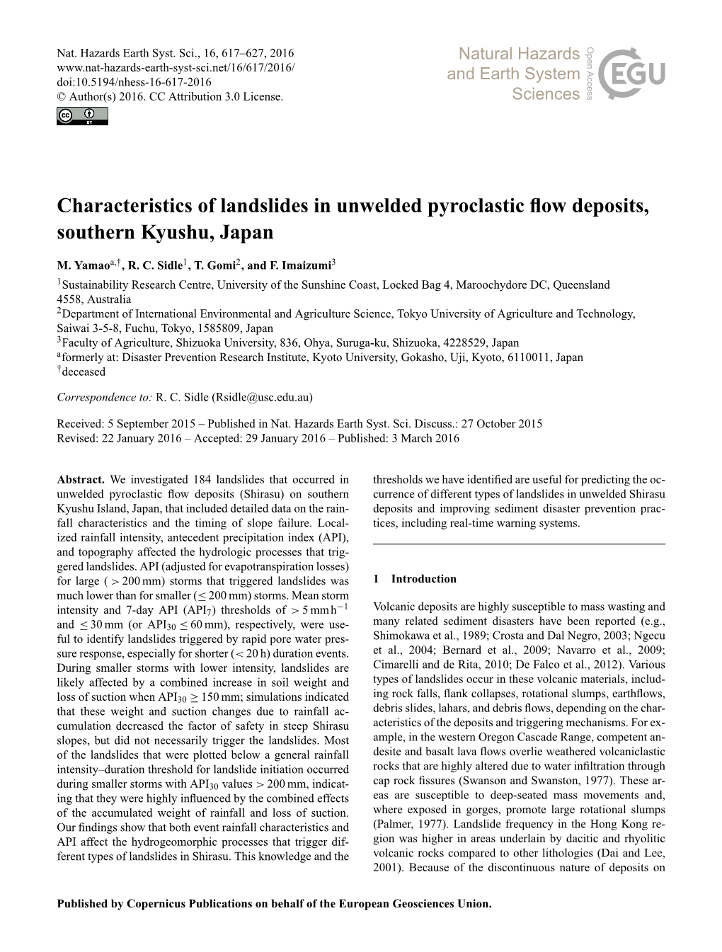 Characteristics of Landslides in Unwelded Pyroclastic Flow Deposits