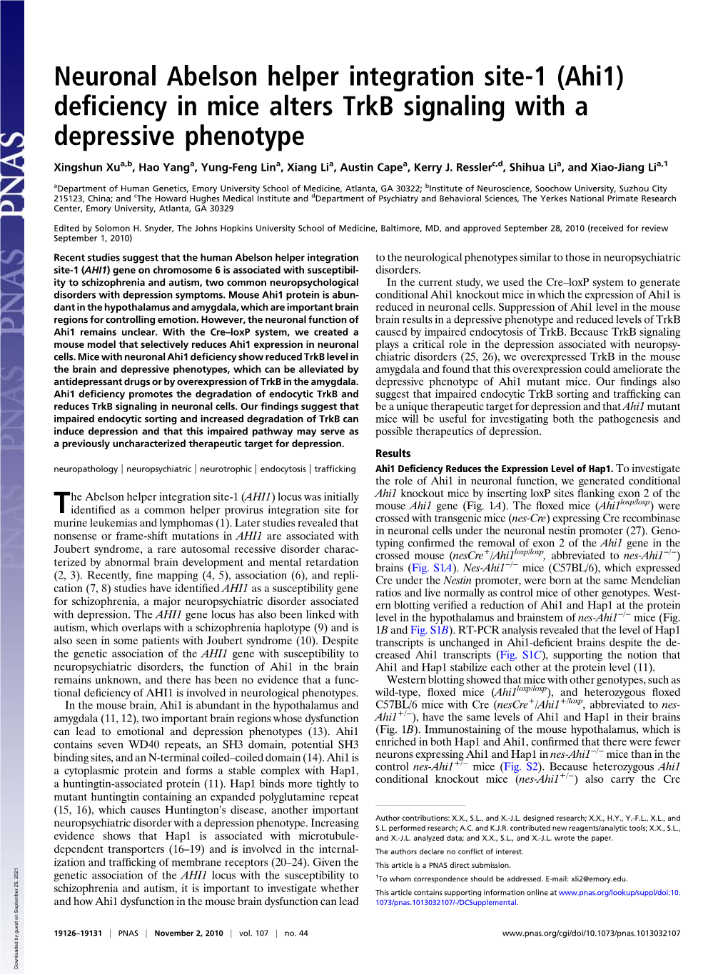 (Ahi1) Deficiency in Mice Alters Trkb Signaling with a Depressive