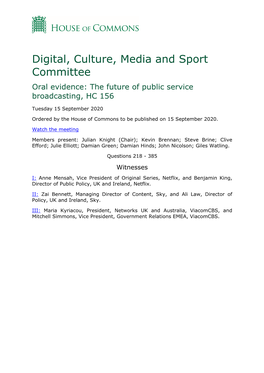 Digital, Culture, Media and Sport Committee Oral Evidence: the Future of Public Service Broadcasting, HC 156