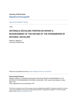 Puritan Or Aryan? a Reassessment of the Nature of the Phenomenon of National Socialism