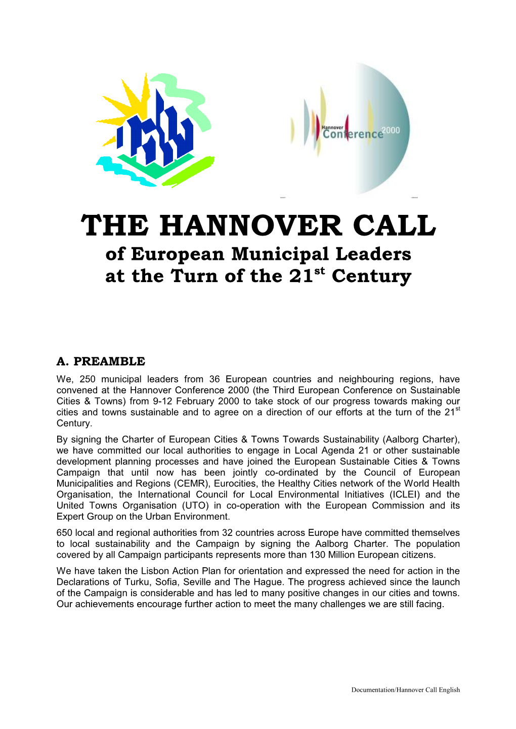 THE HANNOVER CALL of European Municipal Leaders at the Turn of the 21St Century