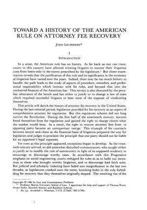 Toward a History of the American Rule on Attorney Fee Recovery