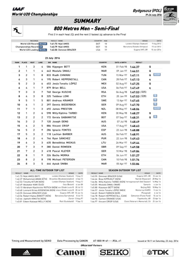 SUMMARY 800 Metres Men - Semi-Final First 2 in Each Heat (Q) and the Next 2 Fastest (Q) Advance to the Final