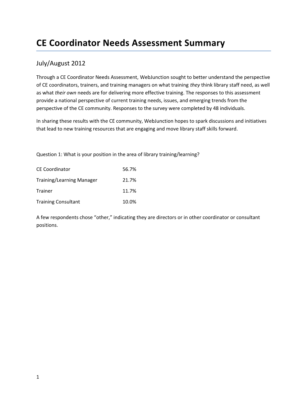 CE Coordinator Needs Assessment Summary