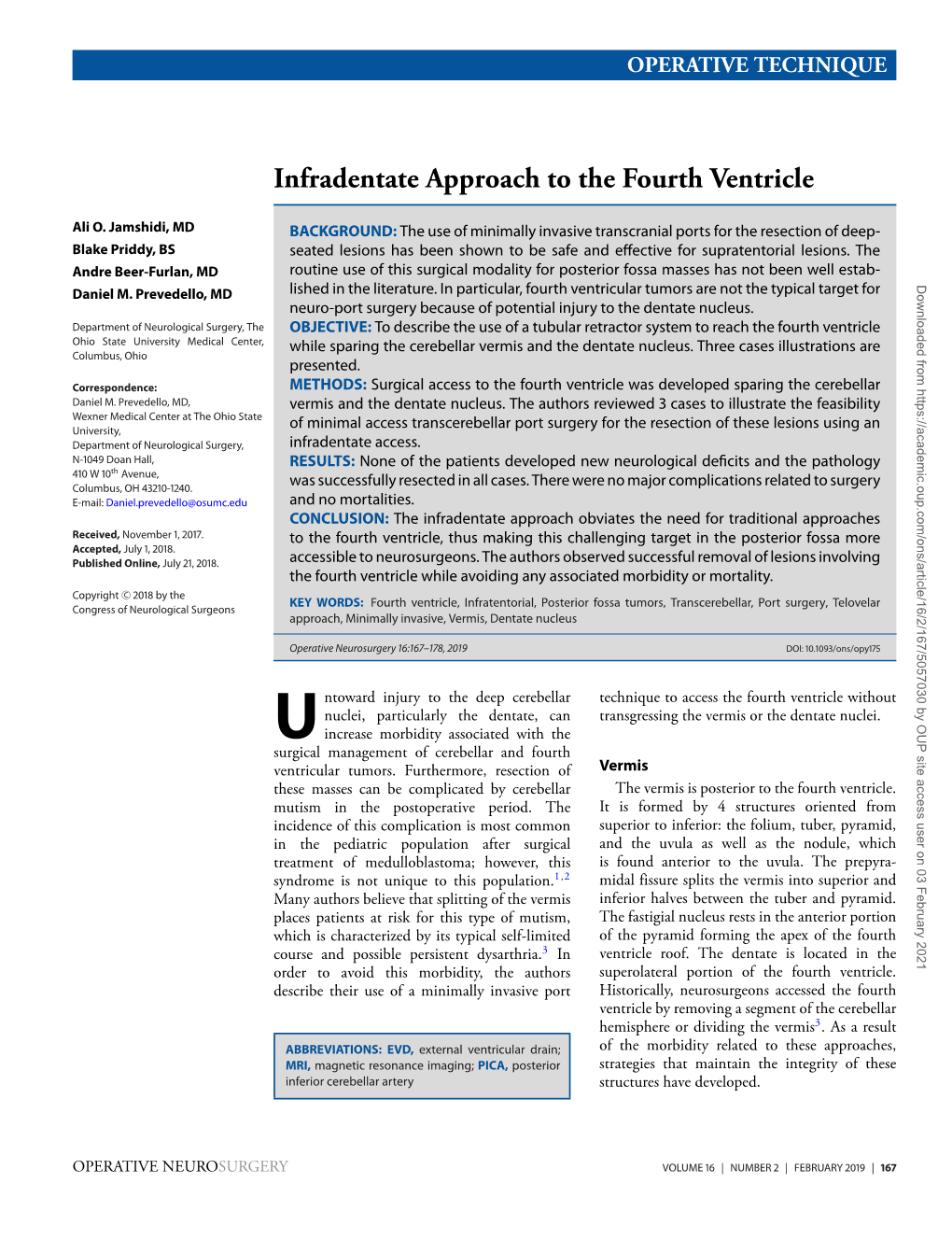 Infradentate Approach to the Fourth Ventricle