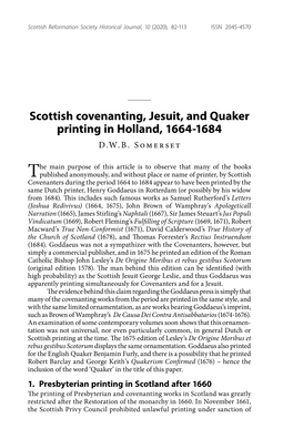Scottish Covenanting, Jesuit, and Quaker Printing in Holland, 1664-1684 D.W.B