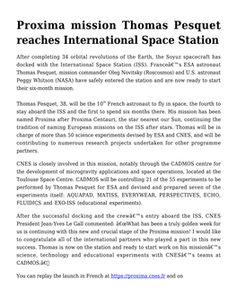 Proxima Mission Thomas Pesquet Reaches International Space Station