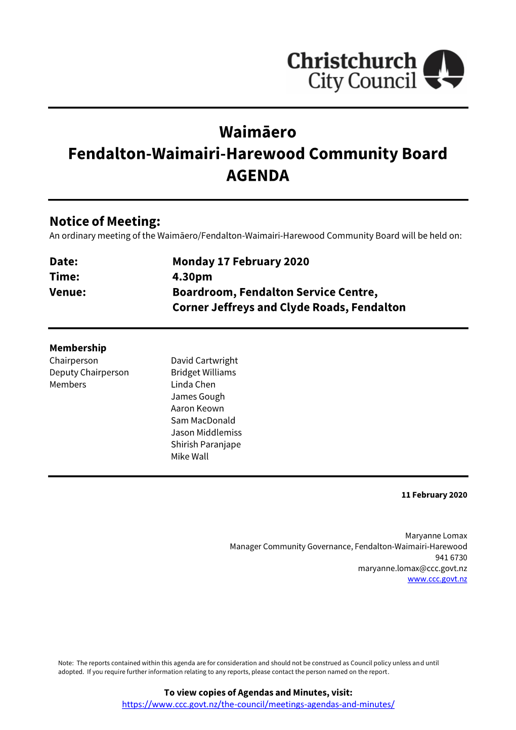 Agenda of Waimāero/Fendalton-Waimairi