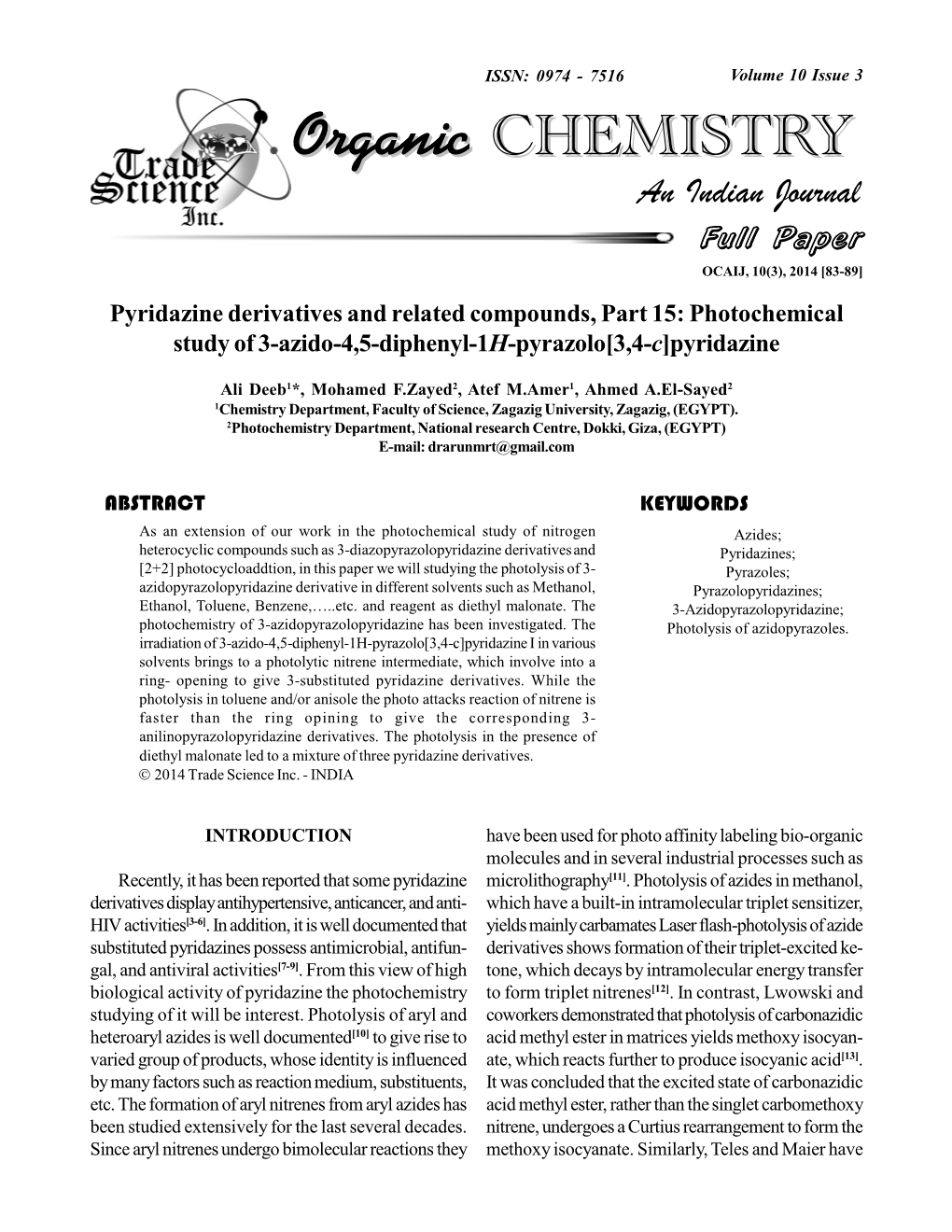 Pyridazine Derivatives and Related Compounds, Part 15: Photochemical Study of 3-Azido-4,5-Diphenyl-1H-Pyrazolo[3,4-C]Pyridazine