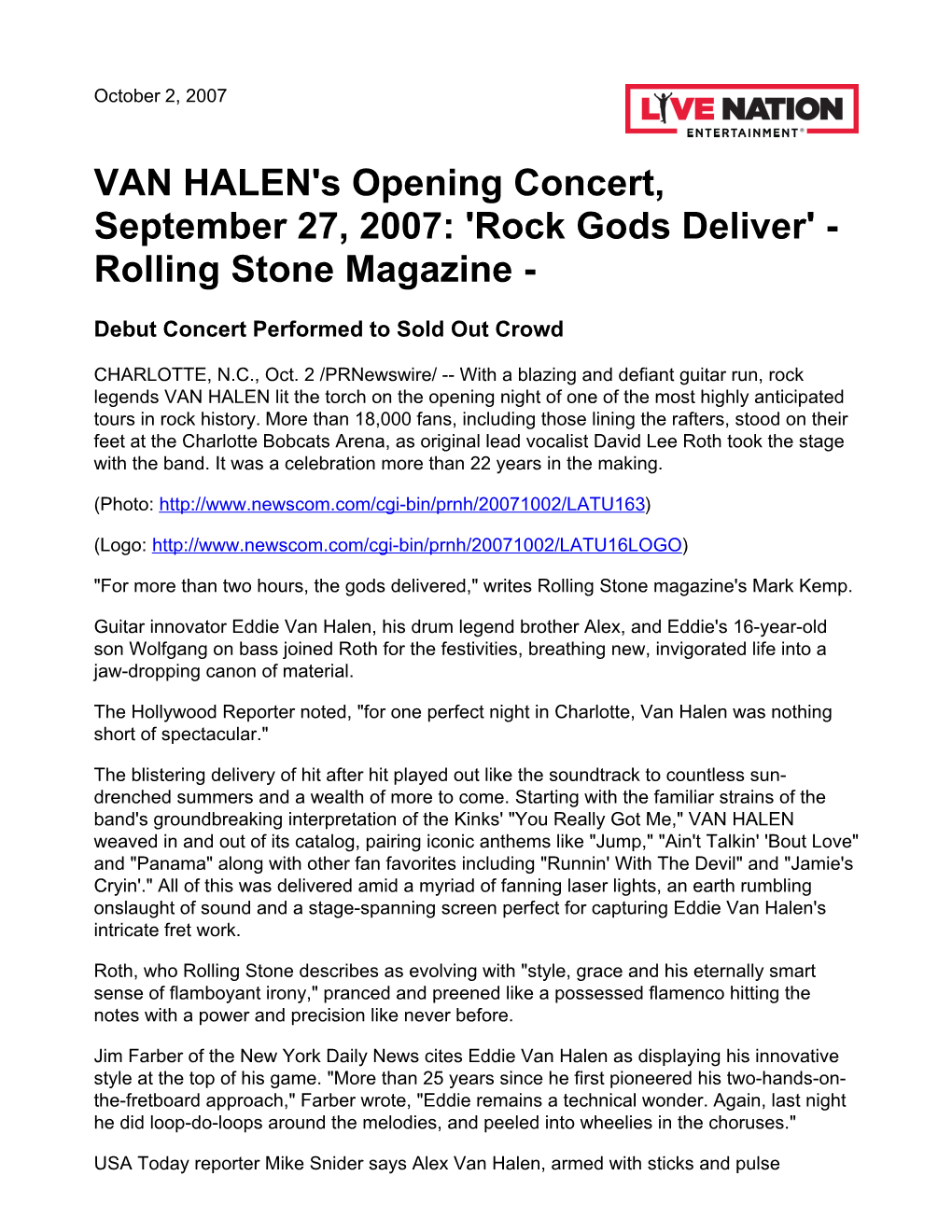 VAN HALEN's Opening Concert, September 27, 2007: 'Rock Gods Deliver' - Rolling Stone Magazine