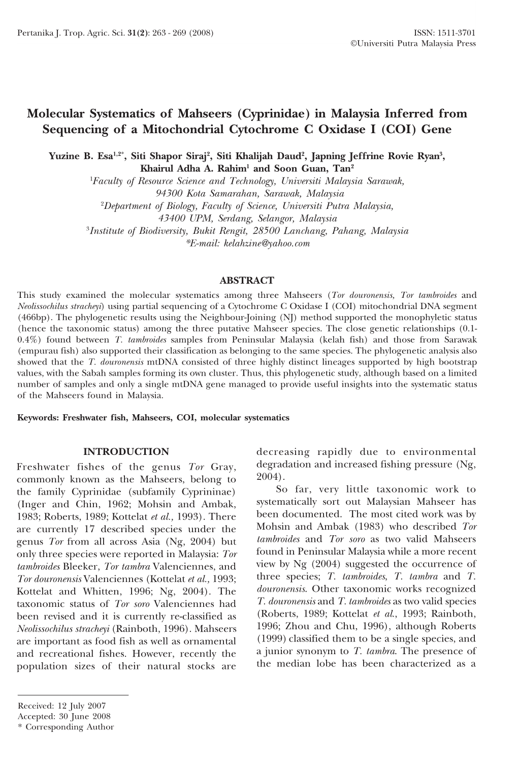 Molecular Systematics of Mahseers (Cyprinidae) in Malaysia Inferred from Sequencing of a Mitochondrial Cytochrome C Oxidase I (COI) Gene