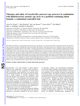 Tolerance and Safety of Lactobacillus Paracasei Ssp. Paracasei in Combination with Biﬁdobacterium Animalis Ssp