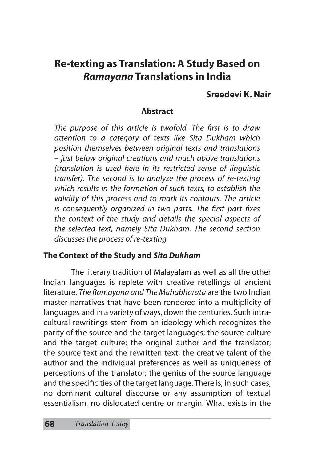 Re-Texting As Translation: a Study Based on Ramayanatranslations In