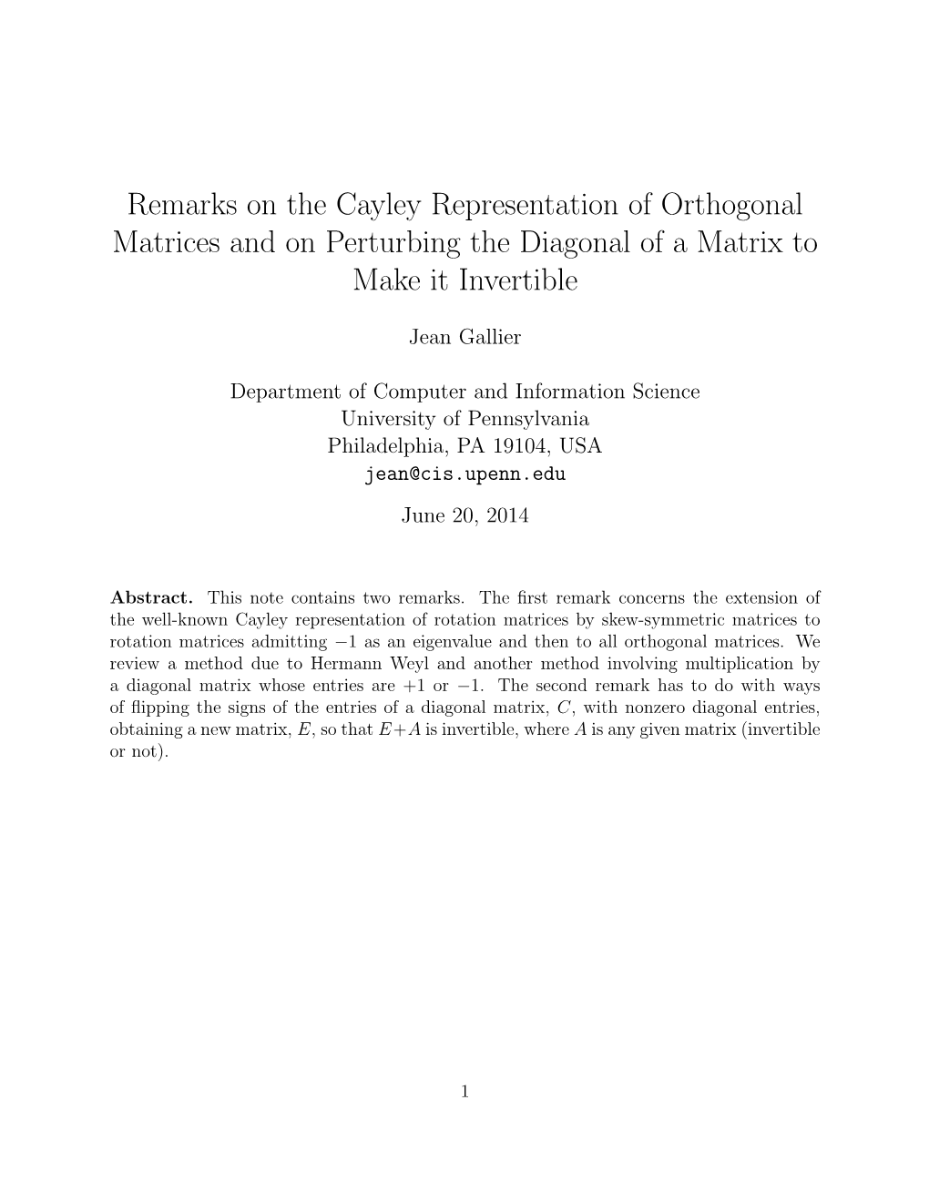 Remarks on the Cayley Representation of Orthogonal Matrices and on Perturbing the Diagonal of a Matrix to Make It Invertible