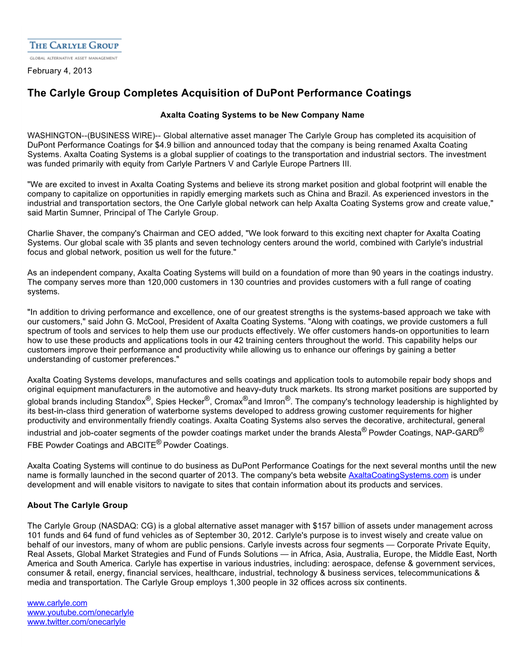 The Carlyle Group Completes Acquisition of Dupont Performance Coatings