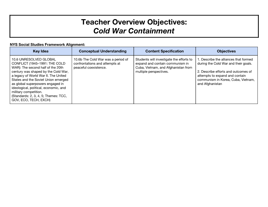 Teacher Overview Objectives: Cold War Containment