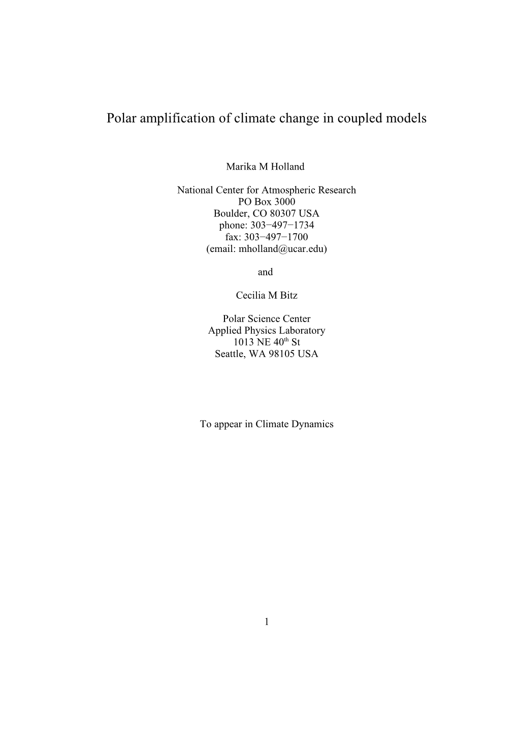Polar Amplification of Climate Change in Coupled Models