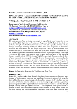 Level of Gross Margin Among Vegetable Farmers in Iwo Zone of Osun State Agricultural Development Project Sodiq A. R , Oluwasusi