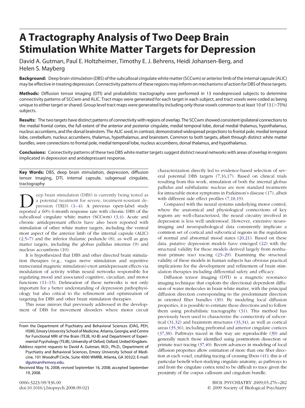 A Tractography Analysis of Two Deep Brain Stimulation White Matter Targets for Depression David A