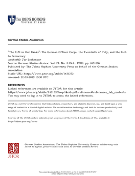 "The Rift in Our Ranks": the German Officer Corps, the Twentieth of July, and the Path to Democracy Author(S): Jay Lockenour Source: German Studies Review, Vol