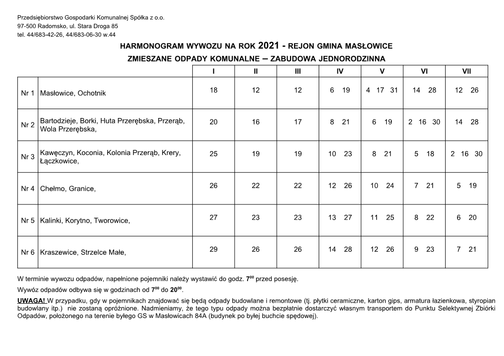 Harmonogram Wywozu Na Rok 2021 - Rejon Gmina Masłowice Zmieszane Odpady Komunalne – Zabudowa Jednorodzinna I Ii Iii Iv V Vi Vii