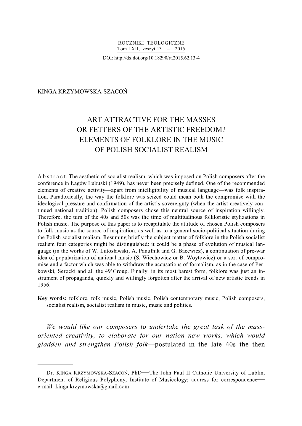 Art Attractive for the Masses Or Fetters of the Artistic Freedom? Elements of Folklore in the Music of Polish Socialist Realism