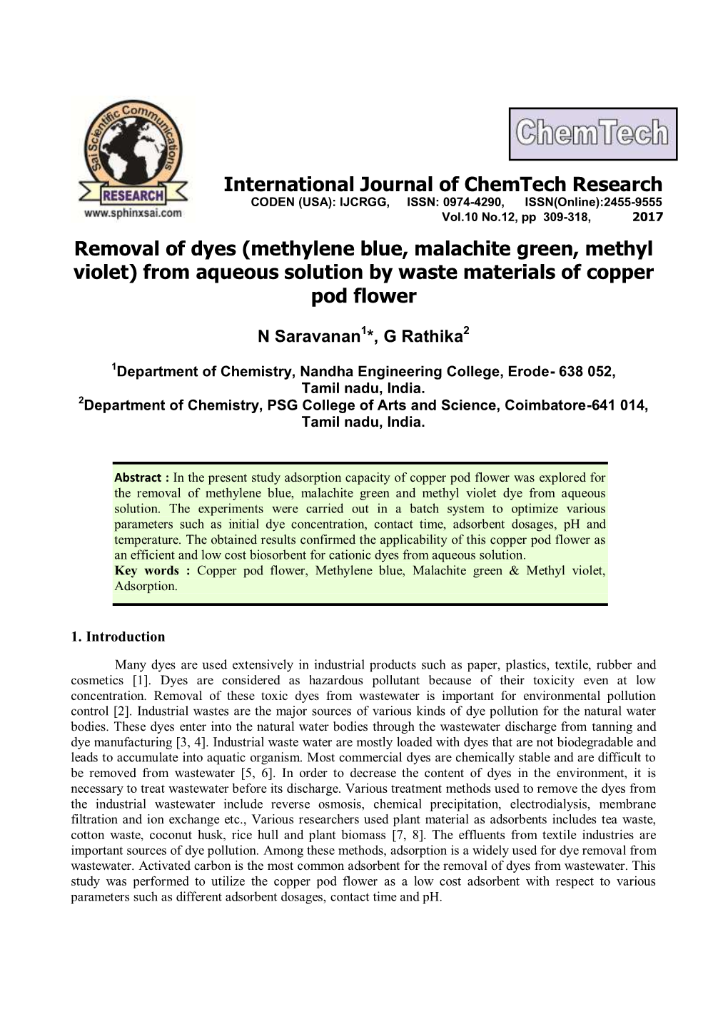 Removal of Dyes (Methylene Blue, Malachite Green, Methyl Violet) from Aqueous Solution by Waste Materials of Copper Pod Flower