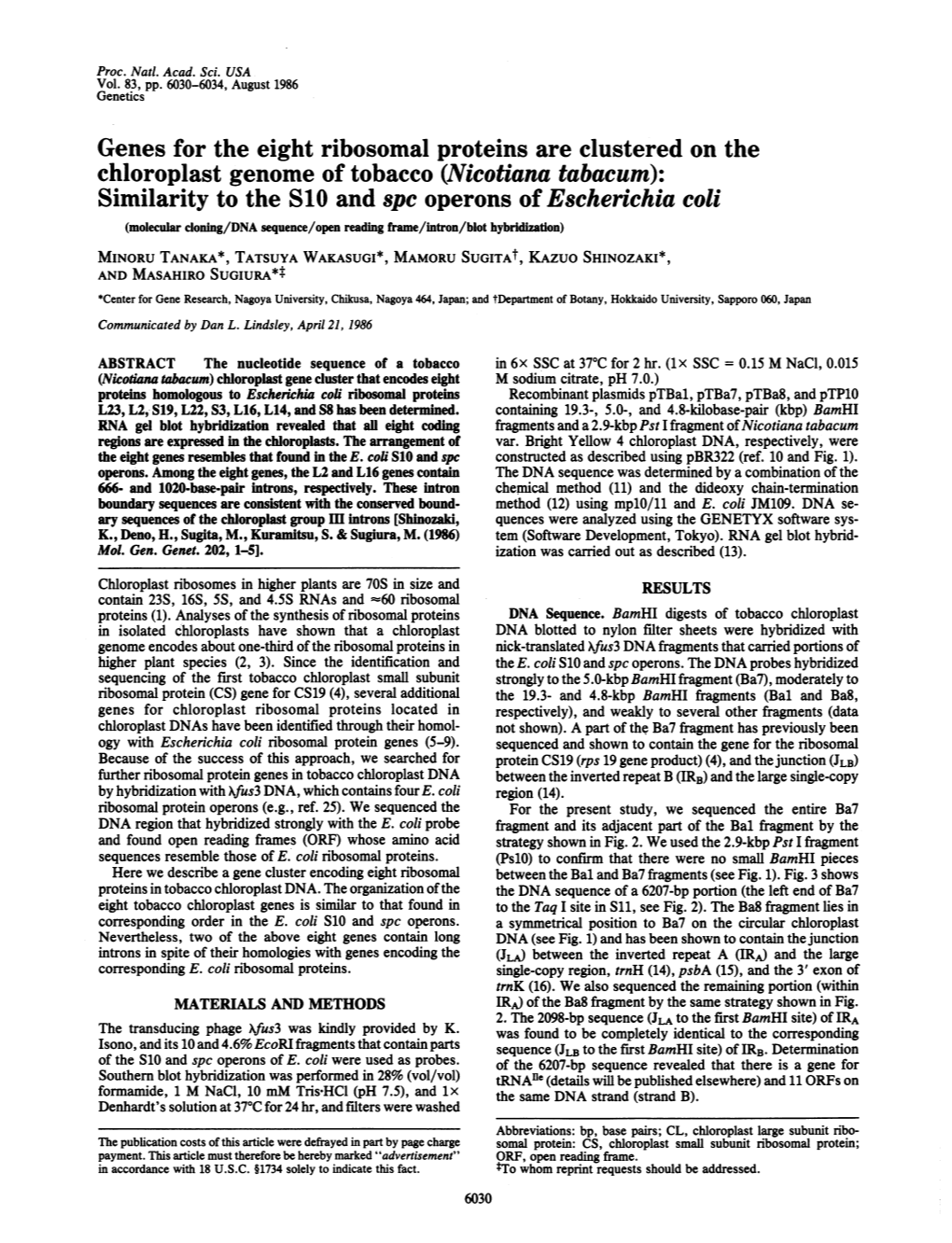 Genes for the Eight Ribosomal Proteins Are Clustered on the Chloroplast Genome of Tobacco (Nicotiana Tabacum): Similarity To