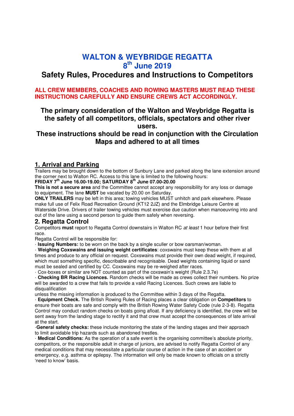 WALTON & WEYBRIDGE REGATTA 8 June 2019 Safety Rules