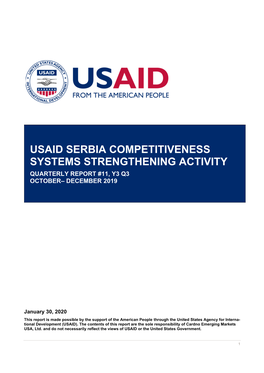 Usaid Serbia Competitiveness Systems Strengthening Activity Quarterly Report #11, Y3 Q3 October– December 2019