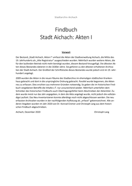 Findbuch Stadt Aichach: Akten I