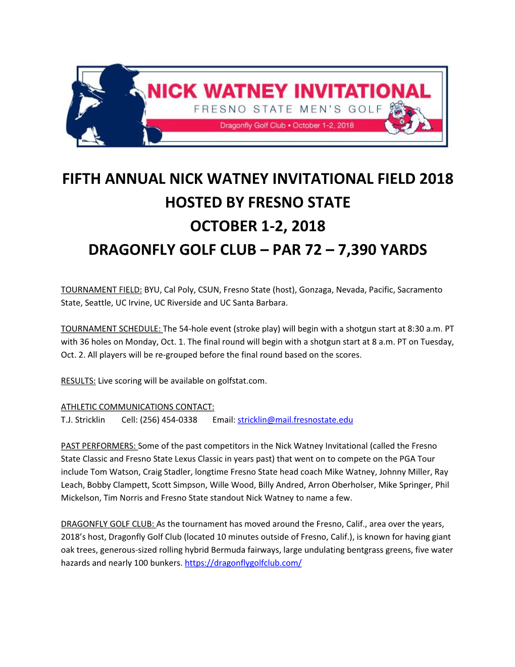Fifth Annual Nick Watney Invitational Field 2018 Hosted by Fresno State October 1-2, 2018 Dragonfly Golf Club – Par 72 – 7,390 Yards