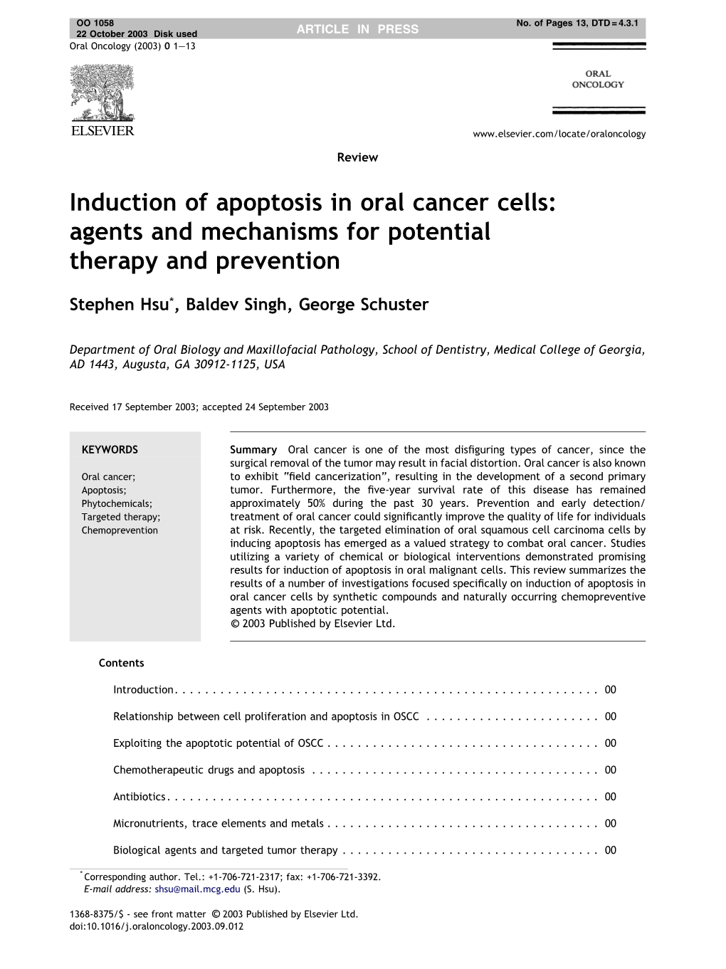 Induction of Apoptosis in Oral Cancer Cells: Agents and Mechanisms for Potential Therapy and Prevention