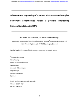 Whole-Exome Sequencing of a Patient with Severe and Complex Hemostatic Abnormalities Reveals a Possible Contributing Frameshift Mutation in C3AR1