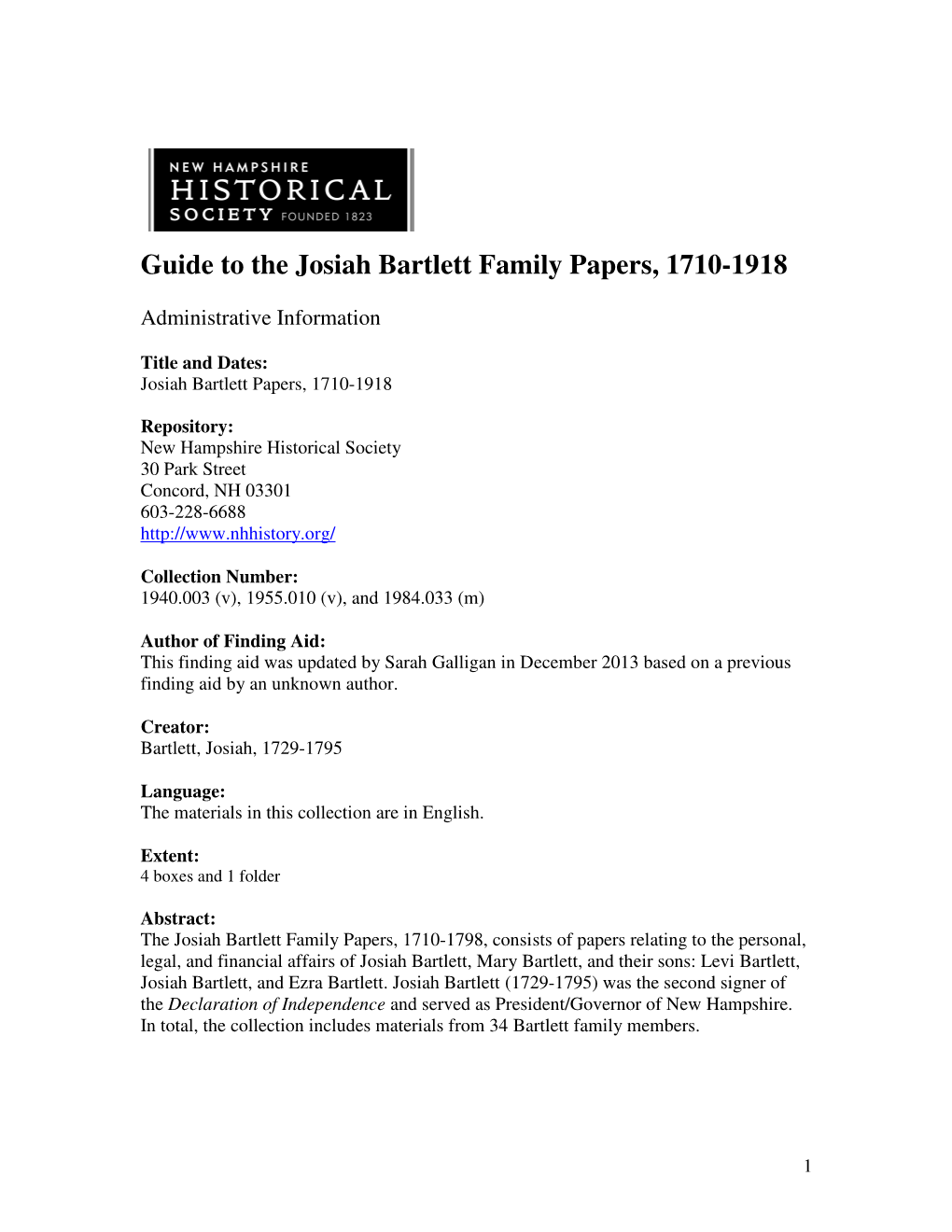 Guide to the Josiah Bartlett Family Papers, 1710-1918