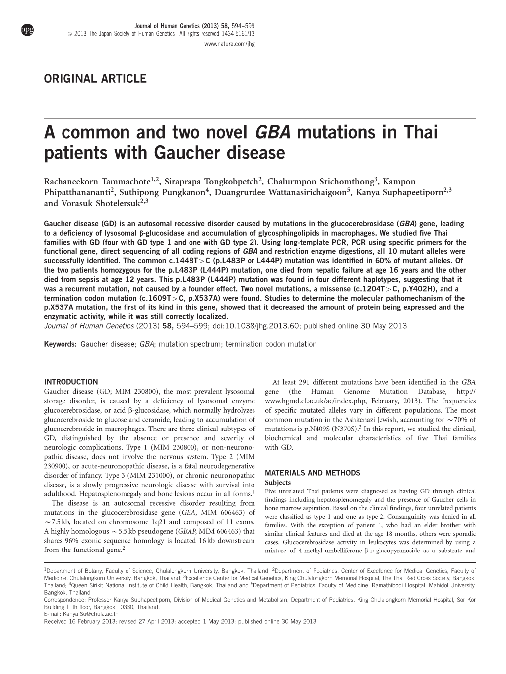 A Common and Two Novel GBA Mutations in Thai Patients with Gaucher Disease