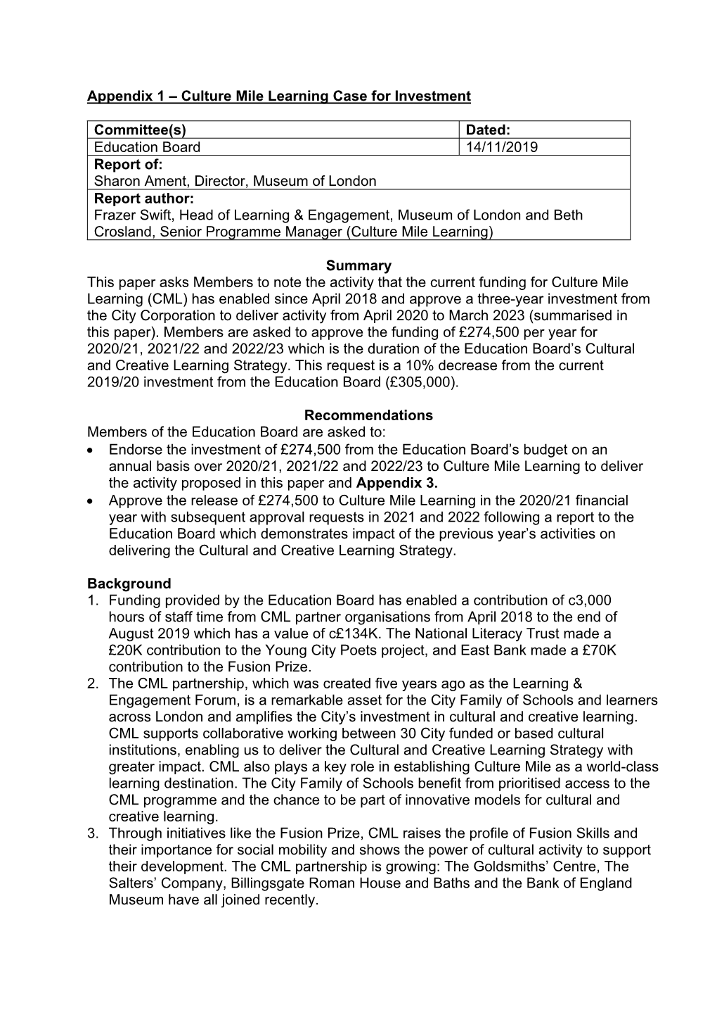 Appendix 1 – Culture Mile Learning Case for Investment