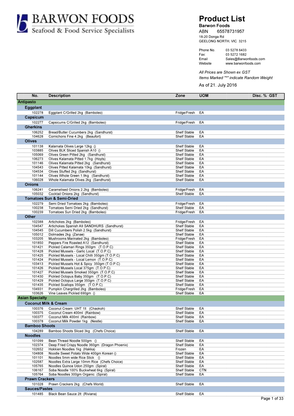 Product List Barwon Foods ABN 65578731957 18-20 Donga Rd GEELONG NORTH, VIC 3215